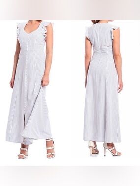 Gianni Bini White and Light blue Striped Button-Front Maxi Dress- size 12